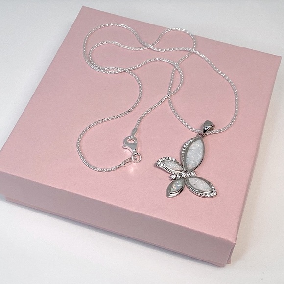 .925 Sterling Silver Lab Created Opal & Cz Butterfly Necklace - Picture 14 of 17